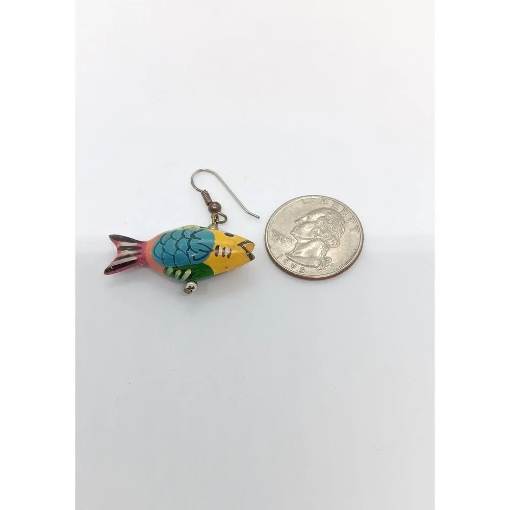 Hand Painted Wooden Fish Drop Earrings Multicolor Boho Tropical Nautical Hook